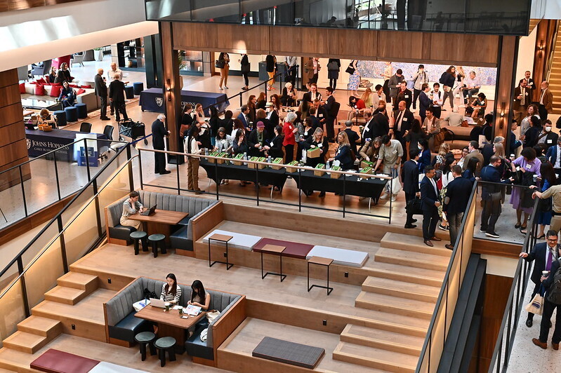 Photo of event reception at the JHU Bloomberg Center in DC.
