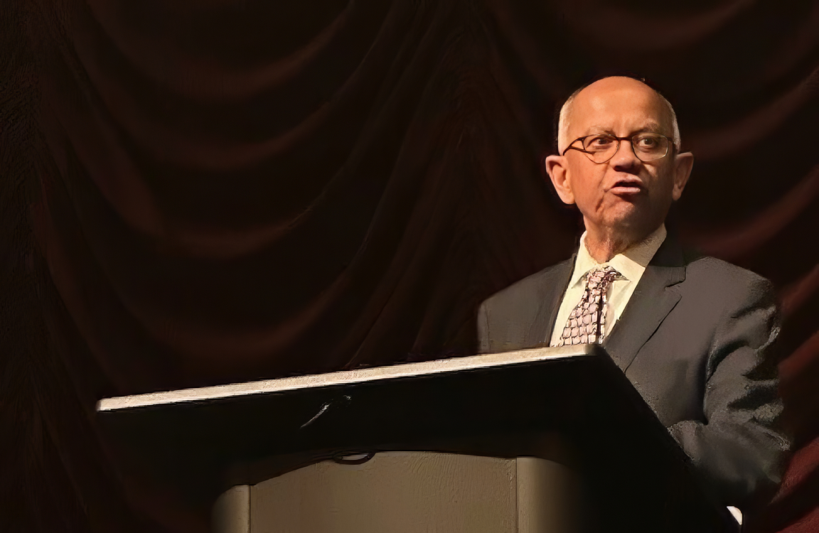 Photo of board member Sumit Ganguly presenting at an IU event.