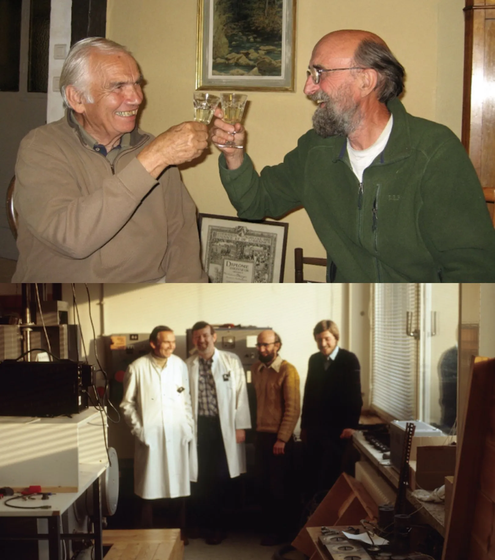 Two-part image featuring Hartmut Kern and Professor Hans Rudolf "Rudy" Wenk. The top photo captures them toasting with glasses of wine in a warmly lit room. The bottom photo showcases a group of four scientists, including Wenk, in a laboratory, with two wearing lab coats, surrounded by scientific equipment.