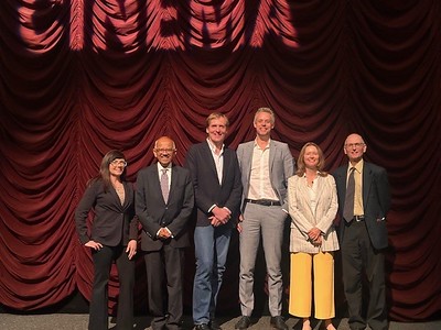Event conclusion photo of Jessica Hamilton, Sumit Ganguly, Lars Kraume, Christian Haenel, John Hanson, and Julia Roos.